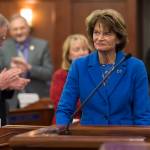 U.S. Sen. Lisa Murkowski, R-Alaska, arrives for her annual speech to a joint session of the Alaska Legislature at the Capitol on Thursday, Feb. 22, 2018. (Michael Penn | Juneau Empire File)