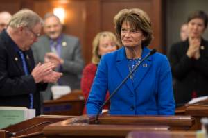 U.S. Sen. Lisa Murkowski, R-Alaska, arrives for her annual speech to a joint session of the Alaska Legislature at the Capitol on Thursday, Feb. 22, 2018. (Michael Penn | Juneau Empire File)