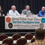 Assembly candidates answers questions during a Special Native Issues Forum at the Elizabeth Peratrovich Hall on Tuesday, Sept. 18, 2018. From left: Garrett Schoenberger, Carole Triem, Tom Williams, Don Habeger, Wade Bryson, Michelle Bonnet Hale and Loren Jones. (Michael Penn | Juneau Empire)