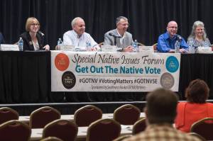 Assembly candidates answers questions during a Special Native Issues Forum at the Elizabeth Peratrovich Hall on Tuesday, Sept. 18, 2018. From left: Garrett Schoenberger, Carole Triem, Tom Williams, Don Habeger, Wade Bryson, Michelle Bonnet Hale and Loren Jones. (Michael Penn | Juneau Empire)