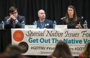 Juneau School Board candidates Kevin Allen, left, Paul Kelly, center, and Elizabeth Siddon answer questions during a Special Native Issues Forum at the Elizabeth Peratrovich Hall on Tuesday, Sept. 18, 2018. (Michael Penn | Juneau Empire)