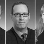 From left to right, Ketchikan Superior Court Judge William Carey, Ketchikan District Court Judge Kevin Miller and Juneau District Court Judge Kirsten Swanson are seen in their official judicial portraits provided by the Alaska Court System. All three judges are on the ballot this fall in Southeast Alaska. (Juneau Empire composite)