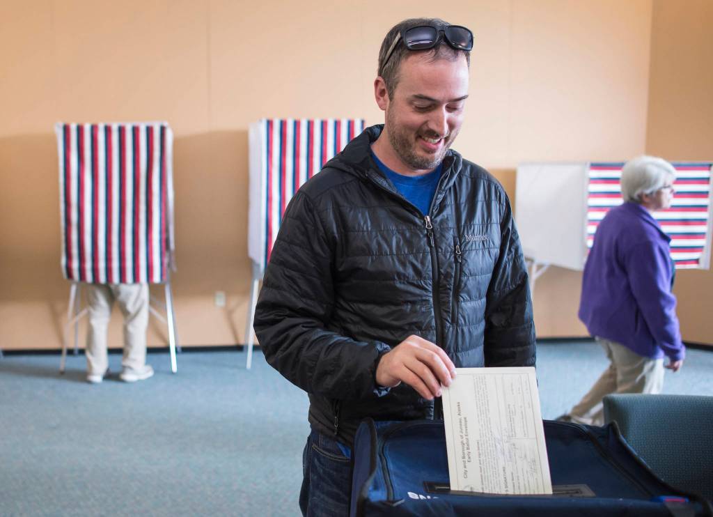 Trenton English takes advantage of early voting in the municipal election at the Mendenhall Mall Annex on Monday, Sept. 17, 2018. Early voting is available there from 11 a.m. to 6 p.m. Monday-Friday. Voters can also vote at City Hall 8 a.m. to 4:30 p.m. Monday-Friday. (Michael Penn | Juneau Empire)