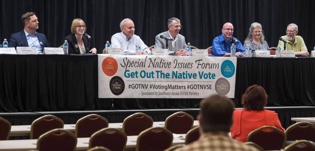 Assembly candidates answers questions during a Special Native Issues Forum at the Elizabeth Peratrovich Hall on Tuesday, Sept. 18, 2018. From left: Garrett Schoenberger, Carole Triem, Tom Williams, Don Habeger, Wade Bryson, Michelle Bonnet Hale and Loren Jones. (Michael Penn | Juneau Empire)