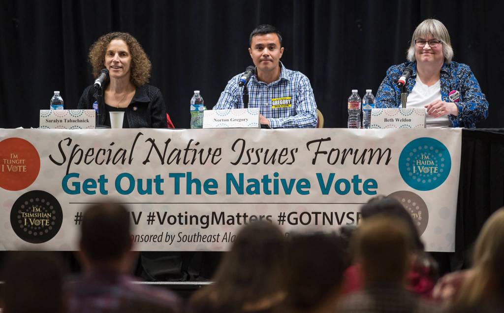 Mayoral candidates Saralyn Tabachnick, left, Norton Gregory, center, and Beth Weldon answers questions during a Special Native Issues Forum at the Elizabeth Peratrovich Hall on Tuesday, Sept. 18, 2018. (Michael Penn | Juneau Empire)