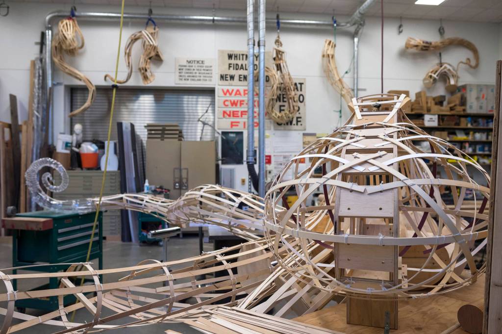 The frame of a giant octopus and its eight legs decorate a carpenters shop at the Alaska State Libraries, Archives and Museums on Monday, Sept. 17, 2018. Exhibit Specialist Aaron Elmore is building the creature for the Museums childrens room. (Michael Penn | Capital City Weekly)