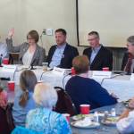 Juneau Assembly candidates for the Areawide and District 2 seats are asked to raise their hand if they support Ballot Measure 1, Stand for Salmon, during a forum at the Juneau Chamber of Commerce during its weekly luncheon at the Moose Lodge on Thursday, Sept. 20, 2018. District 2 candidate Emil Mackey did not attend the event because of work travel. (Michael Penn | Juneau Empire)
