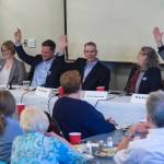 Juneau Assembly candidates for the Areawide and District 2 seats are asked to raise their hand if they support the Juneau Access Project during a forum at the Juneau Chamber of Commerce during its weekly luncheon at the Moose Lodge on Thursday, Sept. 20, 2018. District 2 candidate Emil Mackey did not attend the event because of work travel. (Michael Penn | Juneau Empire)