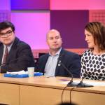 Juneau Board of Education candidates Kevin Allen, left, Paul Kelly, center, and Elizabeth Siddon answer questions during the League of Women Voters Candidates Forum at KTOO on Thursday. (Michael Penn | Juneau Empire)