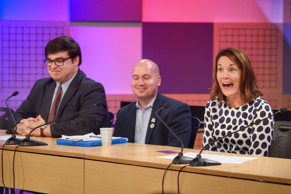 Siddon reacts to the bell being rung when she went over the time limit. (Michael Penn | Juneau Empire)