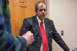 James Barrett speaks to a reporter after his court hearing at the Dimond Courthouse on Monday, Sept. 24, 2018. Barrett is fighting being evicted from his house at Harris and Fourth Street he co-owns with his mother, Kathleen. (Michael Penn | Juneau Empire)
