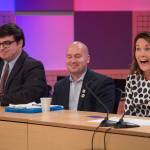 Juneau School Board candidate Elizabeth Siddon reacts to the timers bell as she answers questions with Kevin Allen, left, Paul Kelly, center, during a candidate forum by the League of Women Voters at KTOO on Thursday, Sept. 20, 2018. (Michael Penn | Juneau Empire)