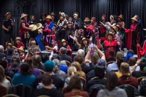 The Woosh.ji.een Dance Group makes a special performance at the Indigenous people performance titled You Dont Have To Go Home, But You Cant Stay Here at the Elizabeth Peratrovich Hall on Monday, Sept. 24, 2018. (Michael Penn | Juneau Empire)