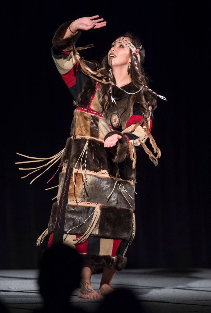 Haliehana Stepetin performs at You Dont Have To Go Home, But You Cant Stay Here at the Elizabeth Peratrovich Hall on Monday, Sept. 24, 2018. (Michael Penn | Juneau Empire)