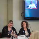 Juneau mayoral candidates Beth Weldon, left, Saralyn Tabachnick and Norton Gregory, via video conference, speak to the Juneau Chamber of Commerce during its weekly luncheon at the Moose Lodge on Thursday, Sept. 27, 2018. (Michael Penn | Juneau Empire)