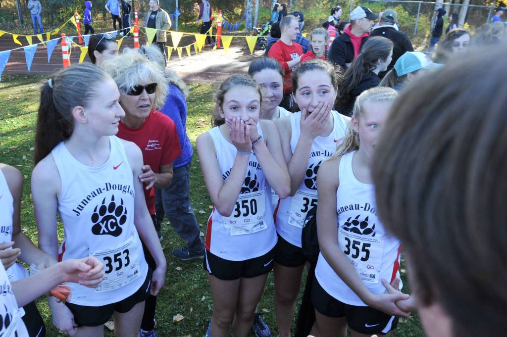 The Juneau-Douglas High School girls team learns they have won the state title. (Michael Dinneen | For the Juneau Empire)