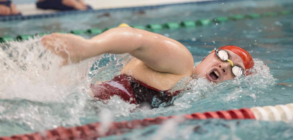 Juneau-Douglas Taelyn Norvell competes in the Girls 200 Yard Freestyle during the Juneau Invitational at Thunder Mountain High School on Friday, Sept. 28, 2018. (Michael Penn | Juneau Empire)