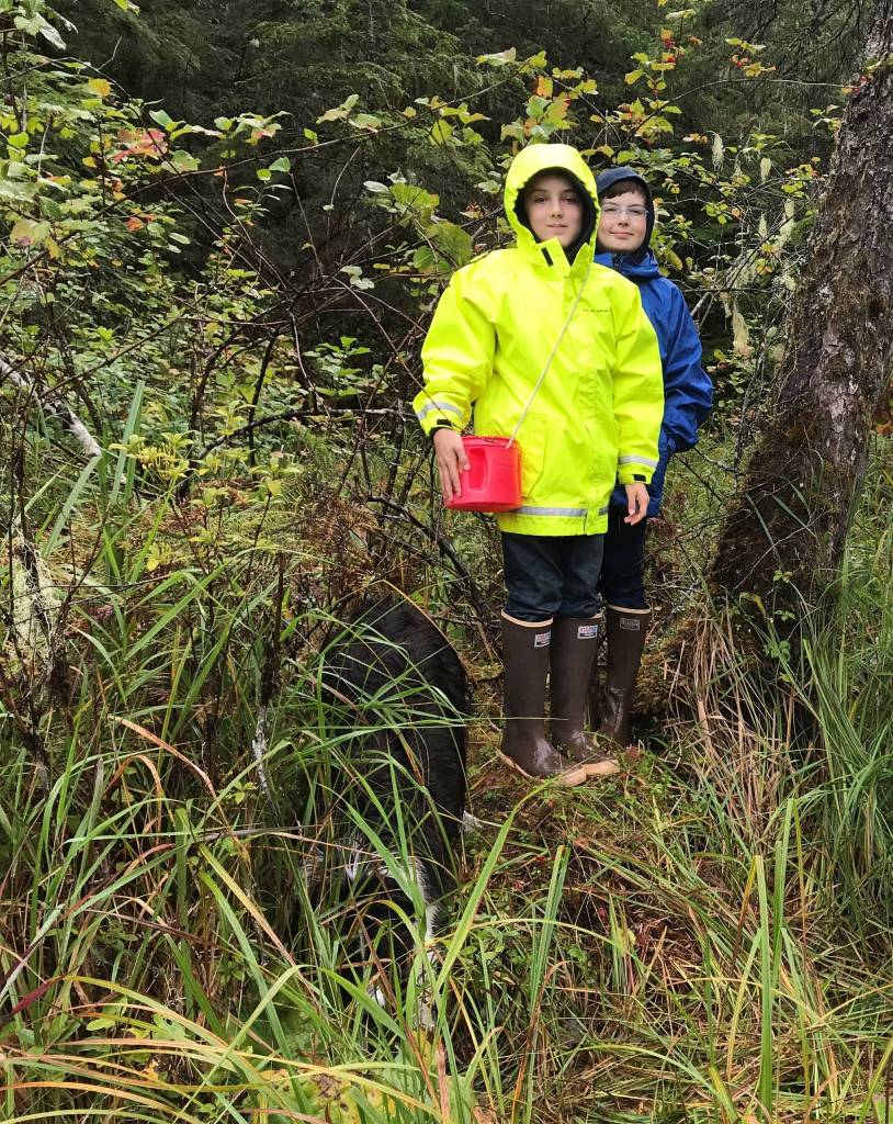 Prescotts grandsons don rain gear and hold a berry bucket during a day of picking. (Vivian Faith Prescott | For the Capital City Weekly)