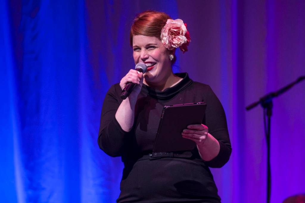 Margeaux Ljungberg performs Mistress of Ceremony duties at Juneau Lyric Operas production of Whos Your Diva? at Centennial Hall on Saturday, Sept. 29, 2018. (Michael Penn | Juneau Empire)