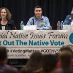Mayoral candidates Saralyn Tabachnick, left, Norton Gregory, center, and Beth Weldon answers questions during a Special Native Issues Forum at the Elizabeth Peratrovich Hall on Tuesday, Sept. 18, 2018. (Michael Penn | Juneau Empire)