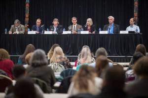 Legislative candidates answers questions during the Native Issues Forum at the Elizabeth Peratrovich Hall on Tuesday, Sept. 25, 2018. From left: Moderator Rep. Sam Kito III, D-Juneau, House District 33 candidates Chris Dimond and Sara Hannan, House District 34 candidates Jerry Nankervis and Andi Story, and Senate District Q candidates Don Etheridge and Jesse Kiehl. (Michael Penn | Juneau Empire)
