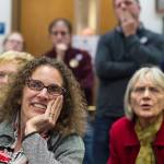 Mayoral candidate Saralyn Tabachnick watches Election results at the Assembly chambers on Tuesday, Oct. 2, 2018. (Michael Penn | Juneau Empire)