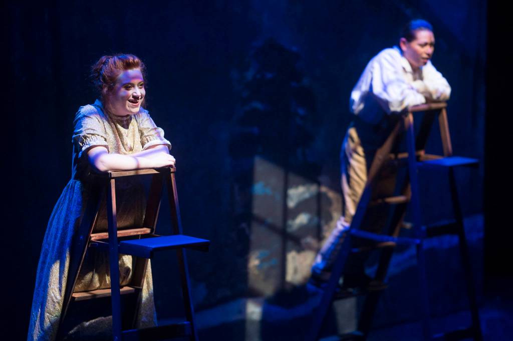 Ashleigh Watt, left, as Emily, and Ty Yamaoka, as George, perform during Our Town at Perseverance Theatre on Thursday, Oct. 4, 2018. (Michael Penn | Juneau Empire)