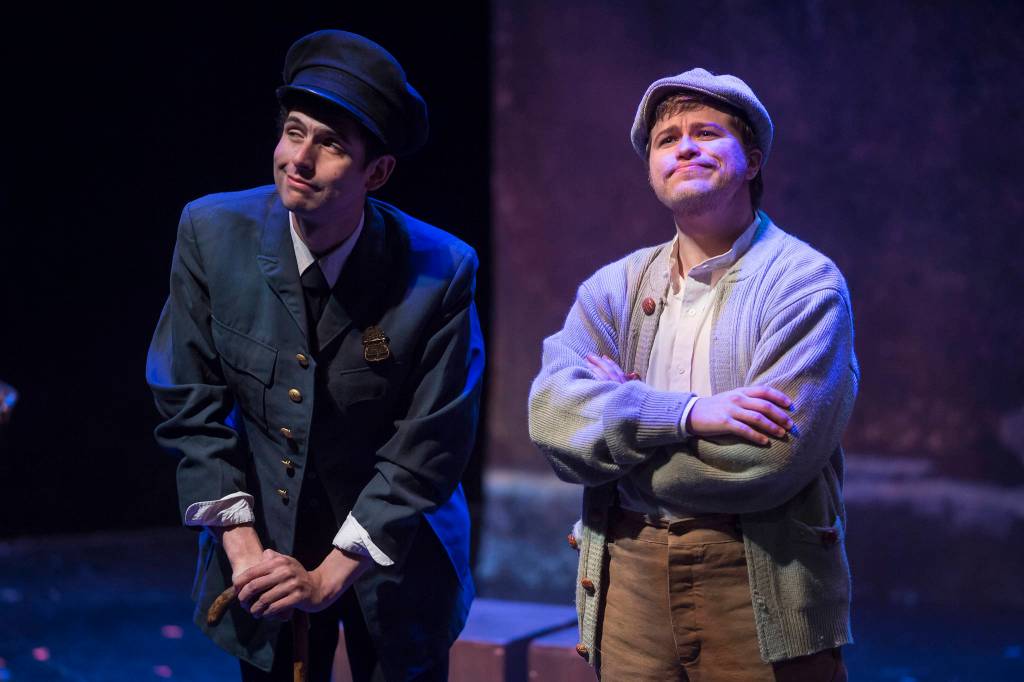 Felix Thillet, left, as Constable Warren, and Caleb Bourgeois, as Howie Newsome, perform during Our Town at Perseverance Theatre on Thursday, Oct. 4, 2018. (Michael Penn | Juneau Empire)