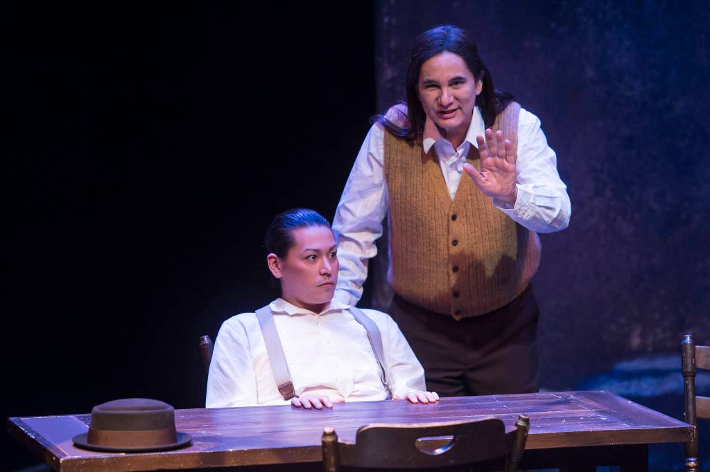 Ty Yamaoka, left, as George, and Brían Wescott, as Mr. Webb, perform during Our Town at Perseverance Theatre on Thursday, Oct. 4, 2018. (Michael Penn | Juneau Empire)