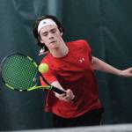 Willam Smoker makes a return against West Anchorage in the first round of the ASAA/First National Bank Alaska State Tennis Championships at the Alaska Club East in Anchorage on Friday, Oct. 5, 2018. (Michael Dinneen | For the Juneau Empire)