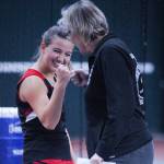 JDHS coach Annie Kincheloe congratulates Erica Hurtte at the ASAA/First National Bank Alaska State Tennis Championships at the Alaska Club East in Anchorage on Saturday, Oct. 6, 2018. Hurtte lost 6-1, 6-1 in the singles final to South Anchorages Christine Hemry. (Michael Dinneen | For the Juneau Empire)