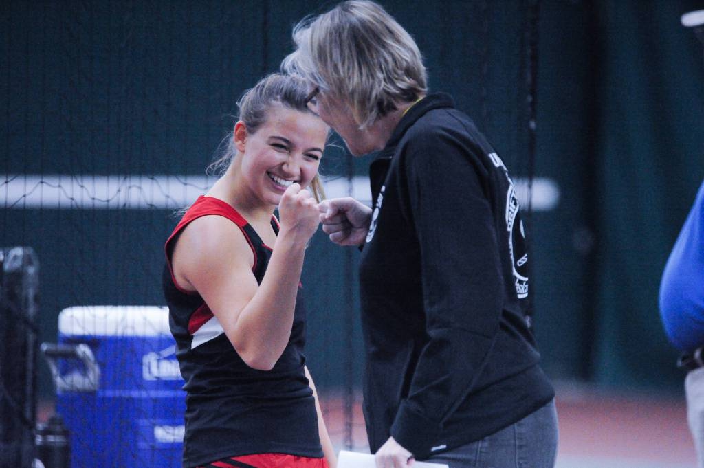 JDHS coach Annie Kincheloe congratulates Erica Hurtte at the ASAA/First National Bank Alaska State Tennis Championships at the Alaska Club East in Anchorage on Saturday, Oct. 6, 2018. Hurtte lost 6-1, 6-1 in the singles final to South Anchorages Christine Hemry. (Michael Dinneen | For the Juneau Empire)
