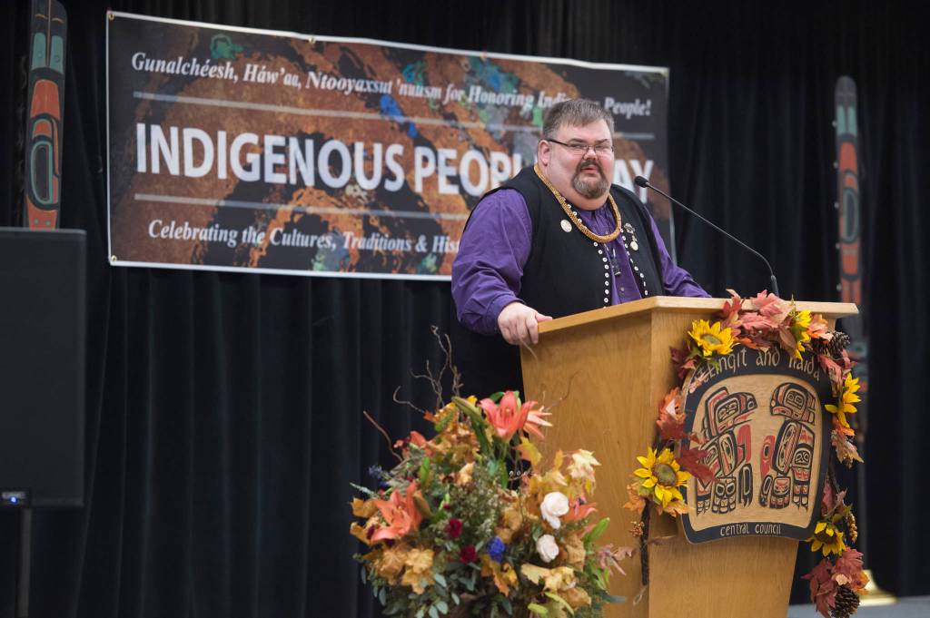 Central Council of Tlingit and Haida Indian Tribes of Alaska President Richard (Chalyee Éesh) Peterson gives a welcoming speech for Indigenous Peoples Day celebrations at the Elizabeth Peratrovich Hall on Monday, Oct. 8, 2018. (Michael Penn | Juneau Empire)
