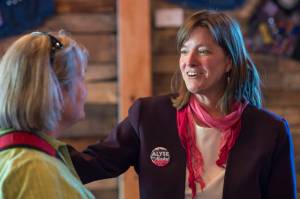 Alyse Galvin, indpendent candidate for U.S. House of Representatives, right, speaks with Marilyn Orr during a town-hall-style coffee and conversation at 60 Degrees North Coffee and Tea on Friday, Sept. 14, 2018. Galvin is running against Republican incumbent Rep. Don Young. (Michael Penn | Juneau Empire)
