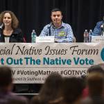 Mayoral candidates Saralyn Tabachnick, left, Gregory Norton, center, and Beth Weldon answers questions during a Special Native Issues Forum at the Elizabeth Peratrovich Hall on Tuesday, Sept. 18, 2018. (Michael Penn | Juneau Empire)