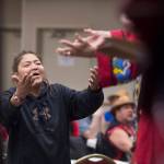 An audience member shows her appreciation of the Yees Ku Oo Dancers during Indigenous Peoples Day celebrations at the Elizabeth Peratrovich Hall on Monday, Oct. 8, 2018. (Michael Penn | Juneau Empire)