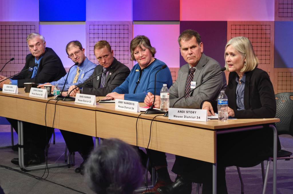 Legislative candidates answers questions during a forum sponsored by the Juneau Empire, along with the League of Women Voters of Juneau, Juneau Votes! and KTOO at KTOO on Tuesday, Oct. 9, 2018. From left: Senate District Q candidates Don Etheridge and Jesse Kiehl, House District 33 candidates Chris Dimond and Sara Hannan and House District 34 candidates Jerry Nankervis and Andi Story. (Michael Penn | Juneau Empire)