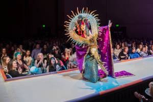 Doragon by Beth Bolander, modeled by Dani Gross, at the Wearable Art Show at Centennial Hall on Saturday, Feb. 17, 2018. Doragon placed third in the Jurors Best in Show. It also drew criticism as cultural appropriation, which led to some guidelines for this years fashion show. (Michael Penn | Juneau Empire File)