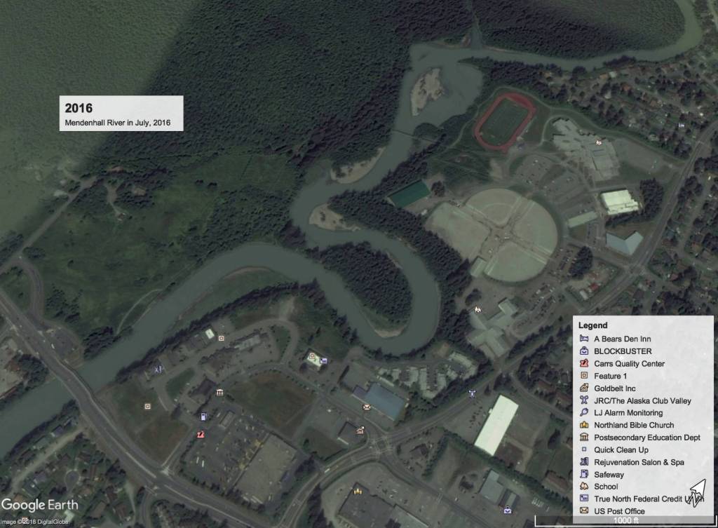 The Mendenhall River near Brotherhood Bridge Trail as seen in July, 2016 in satellite imagery. (Google Earth)
