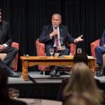 Former state Senate Mike Dunleavy, left, Gov. Bill Walker, center, and former U.S. Senator Mark Begich debate during a Juneau Chamber of Commerce luncheon at Centennial Hall on Thursday, Sept. 6, 2018. (Michael Penn | Juneau Empire)