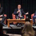 Former state Senate Mike Dunleavy, left, Gov. Bill Walker, center, and former U.S. Senator Mark Begich debate during a Juneau Chamber of Commerce luncheon at Centennial Hall on Thursday, Sept. 6, 2018. (Michael Penn | Juneau Empire)