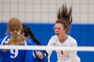 Thunder Mountains Leilani Eshnaur celebrate a point against Sitka at Thunder Mountain High School on Friday, Sept. 7, 2018. Thunder Mountain won 3-0 (25-15, 25-21, 25-16) (Michael Penn | Juneau Empire)