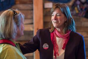 Alyse Galvin, indpendent candidate for U.S. House of Representatives, right, speaks with Marilyn Orr during a town-hall-style coffee and conversation at 60 Degrees North Coffee and Tea on Friday, Sept. 14, 2018. Galvin is running against Republican incumbent Rep. Don Young. (Michael Penn | Juneau Empire)