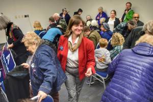 Alyse Galvin, Alaskas independent candidate for U.S. House of Representatives, holds a town hall-style meeting to an overflowing room at Centennial Hall on Sunday, Oct. 21, 2018. (Michael Penn | Juneau Empire)