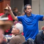 People pay tribute to the Woosh.ji.een Dance Group as they perform during a Celebrate Survivors gathering sponsored by Central Council Tlingit and Haida Indian Tribes of Alaska and AWARE in the Elizabeth Peratrovich Hall on Tuesday, Oct. 23, 2018. October is Domestic Violence Awareness Month. (Michael Penn | Juneau Empire)