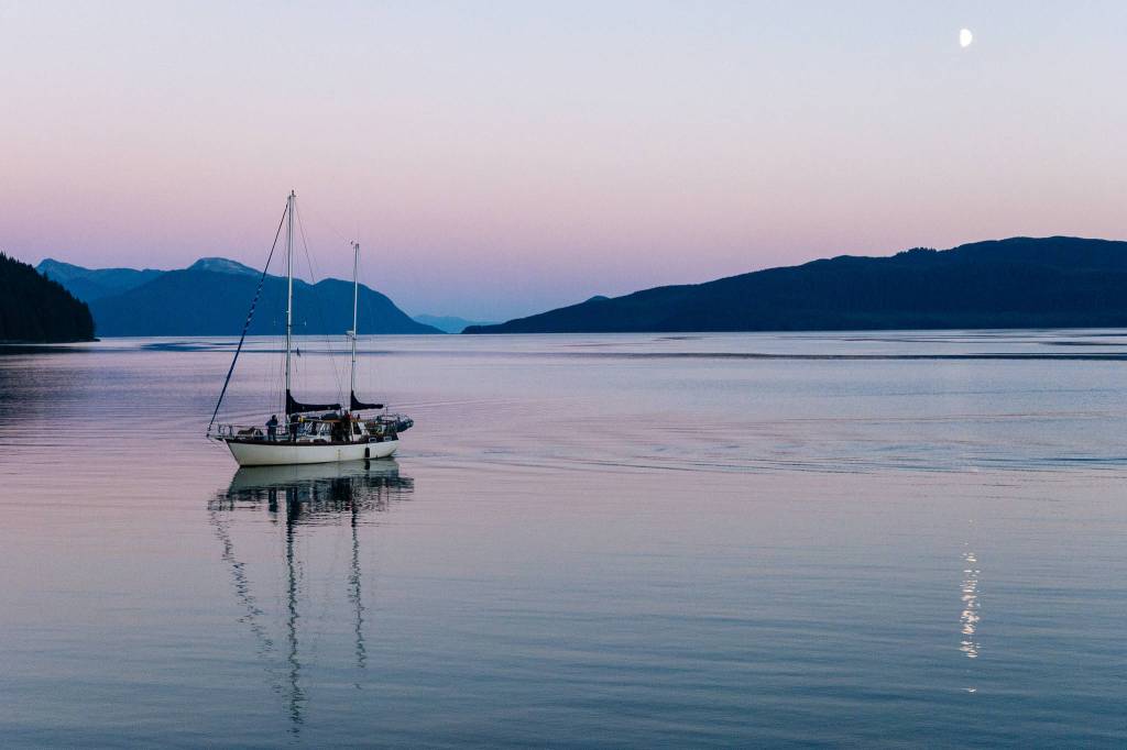 Stephens Passage and boat from DuPont beach at dusk. 30 minutes from road. (Gabe Donohoe | For the Juneau Empire)