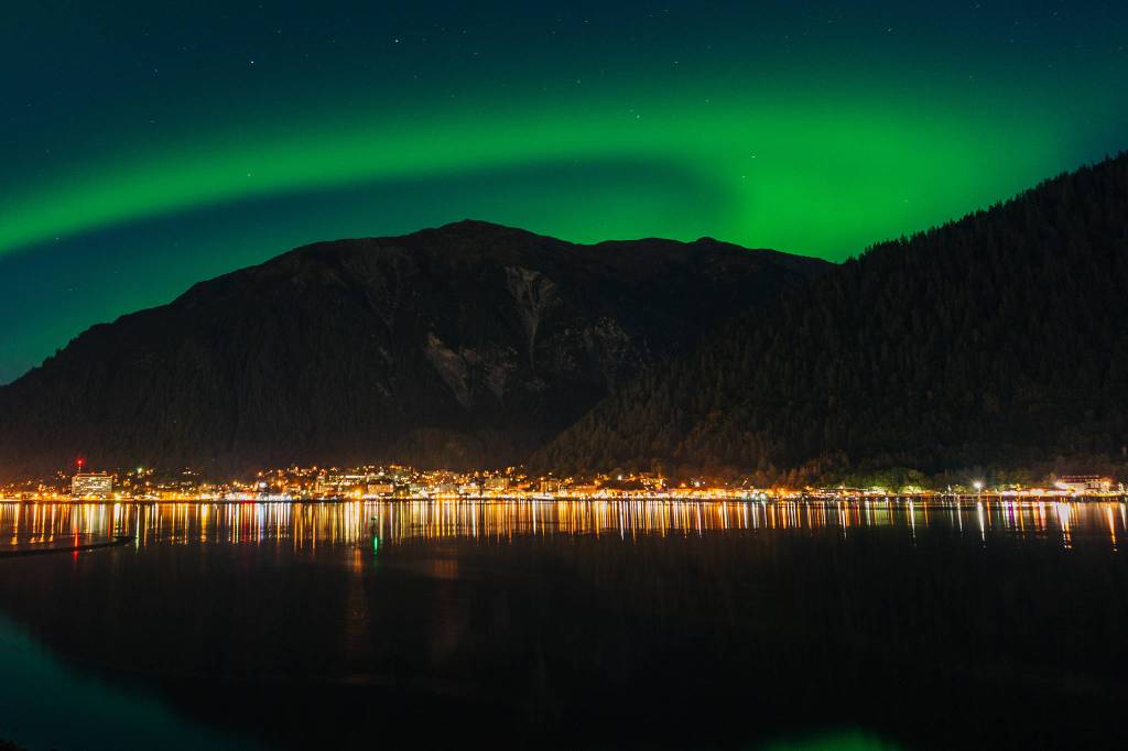 Auroras over Mount Juneau from Douglas beach. 10 minutes from road. (Gabe Donohoe | For the Juneau Empire)
