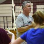 Juneau-Douglas High School assistant volleyball coach Dale Bontrager speaks at practice last season. Bontrager retired from coaching volleyball at the beginning of the season. (Nolin Ainsworth | Juneau Empire File)