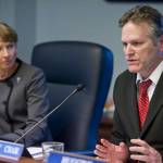 In this March 2016 photo, Sen. Mike Dunleavy, R-Wasilla, questions Dr. Susan McCauley, Interim Commissioner of the Alaska Department of Education and Early Development, during a Senate Education Committee on SB 191 at the Capitol. (Michael Penn | Juneau Empire File)