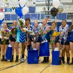 Thunder Mountain High School seniors gather for a picture prior to their last home game of the season against Juneau-Douglas on Friday night at TMHS. (Left to right): Kellie James, Tara Dymock, Leilani Eshnaur, Hannah Harvey, Kyra Jenkins Hayes, Sydney Lee, Alex Murray, Kiley Stevens, Marissa Tanuvasa-Tuvaifale, Audrey Welling, Coach Julie Herman. (Nolin Ainsworth | Juneau Empire)